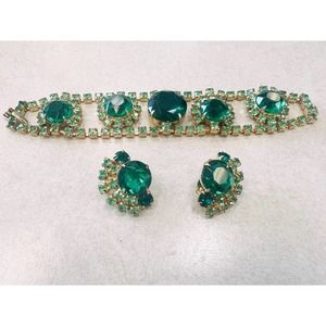 GORGEOUS green glass bead & rhinestone bracelet & earrings set